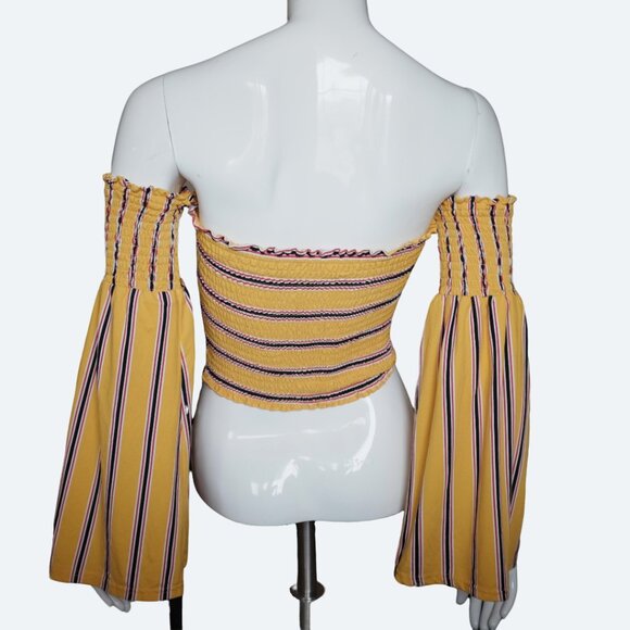COPY - Revamped yellow bell sleeves crop top off shoulder stripes size M - Picture 1 of 3